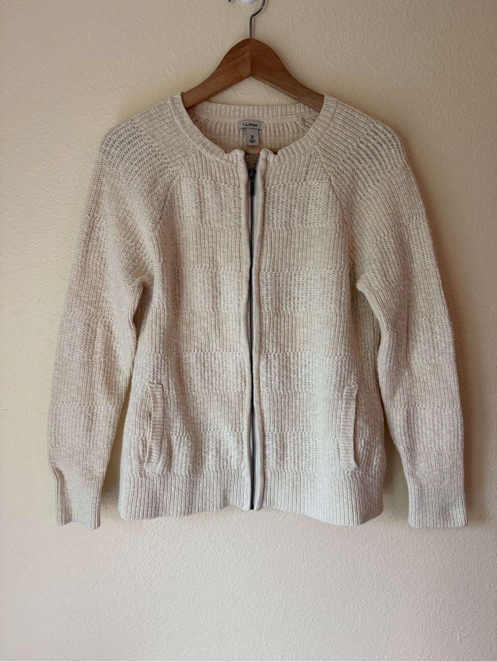 L.L. Bean Cream Zip-Front Knit Cardigan
